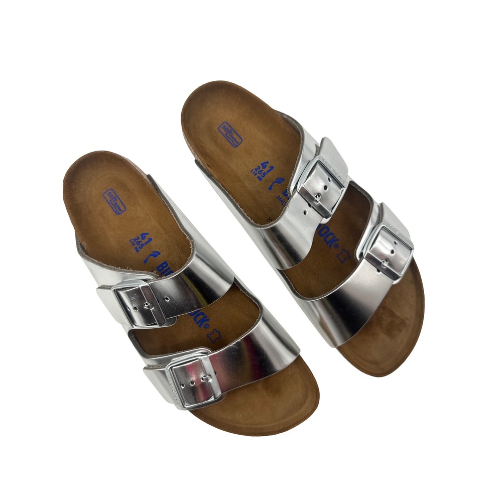 Birkenstock Arizona Soft Footbed Metallic Silver Leather Size W10/M8 Slip-On - Picture 6 of 14
